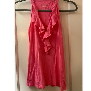 bright pink ruffle neck tank top